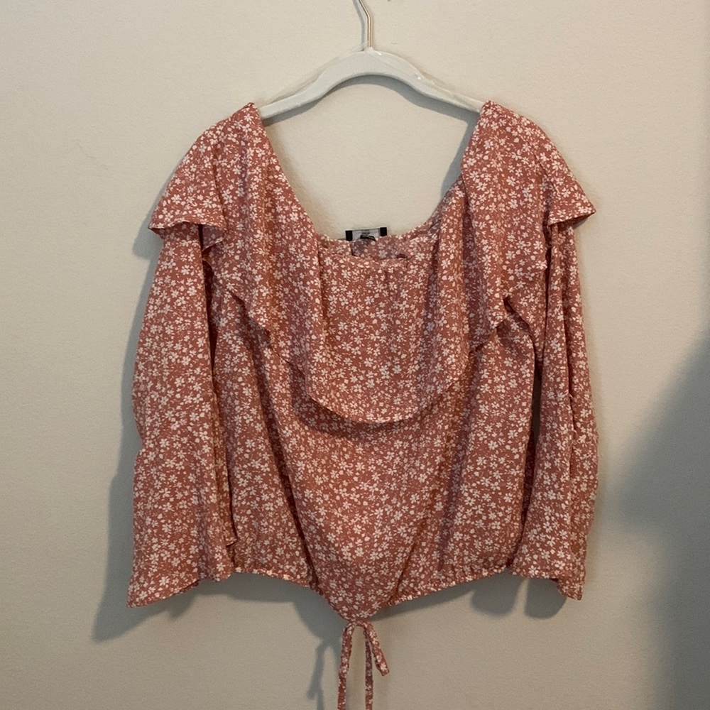 Off the shoulder pink womens blouse with bell sleeve and tied bottom